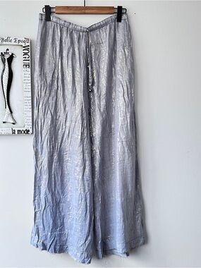 Ashro Blue Gold Metallic Shimmery Boho Drawstring Waist Wide Leg Pants Size S